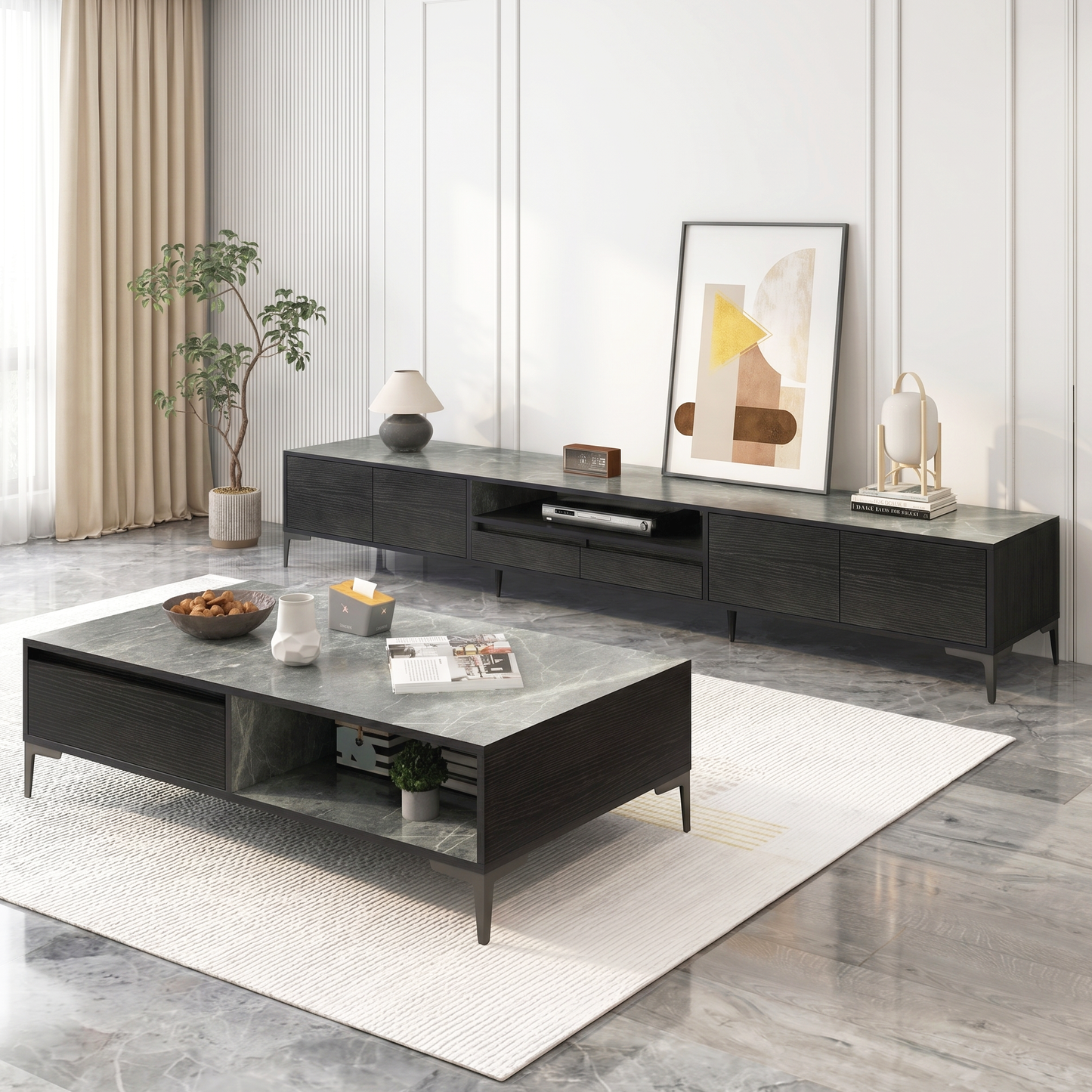 2-Piece Set Minimalist Large Coffee Table & 2m TV Cabinet