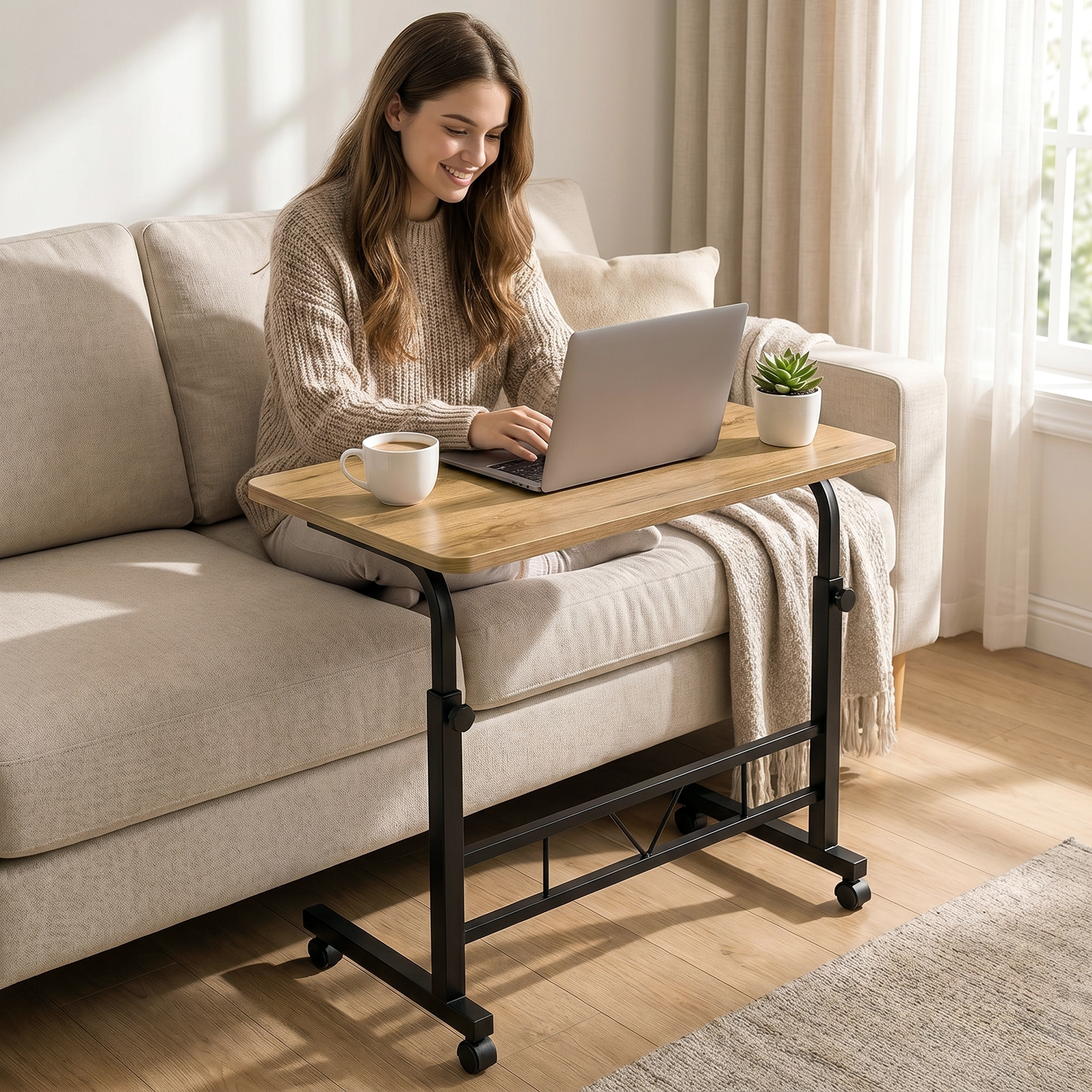 Adjustable Portable Rustic Oak Sofa Bed Side Table Laptop Desk with Wheels