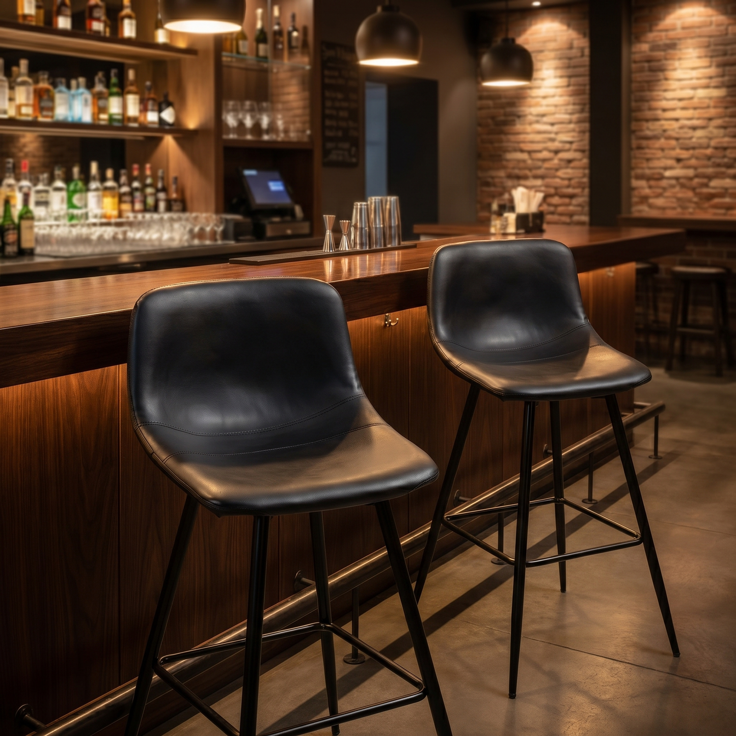 2 x Enliven Designer Faux Leather Bar Stools (Black - Set of 2)