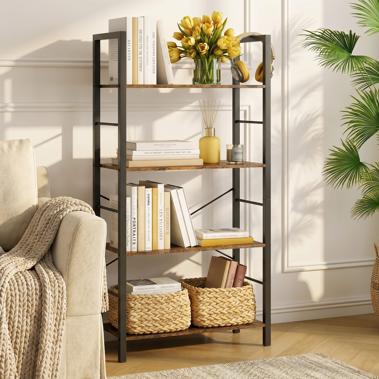 Multifunction Bookcase 4 Tier Rustic Wood & Steel Storage Shelf Organizer