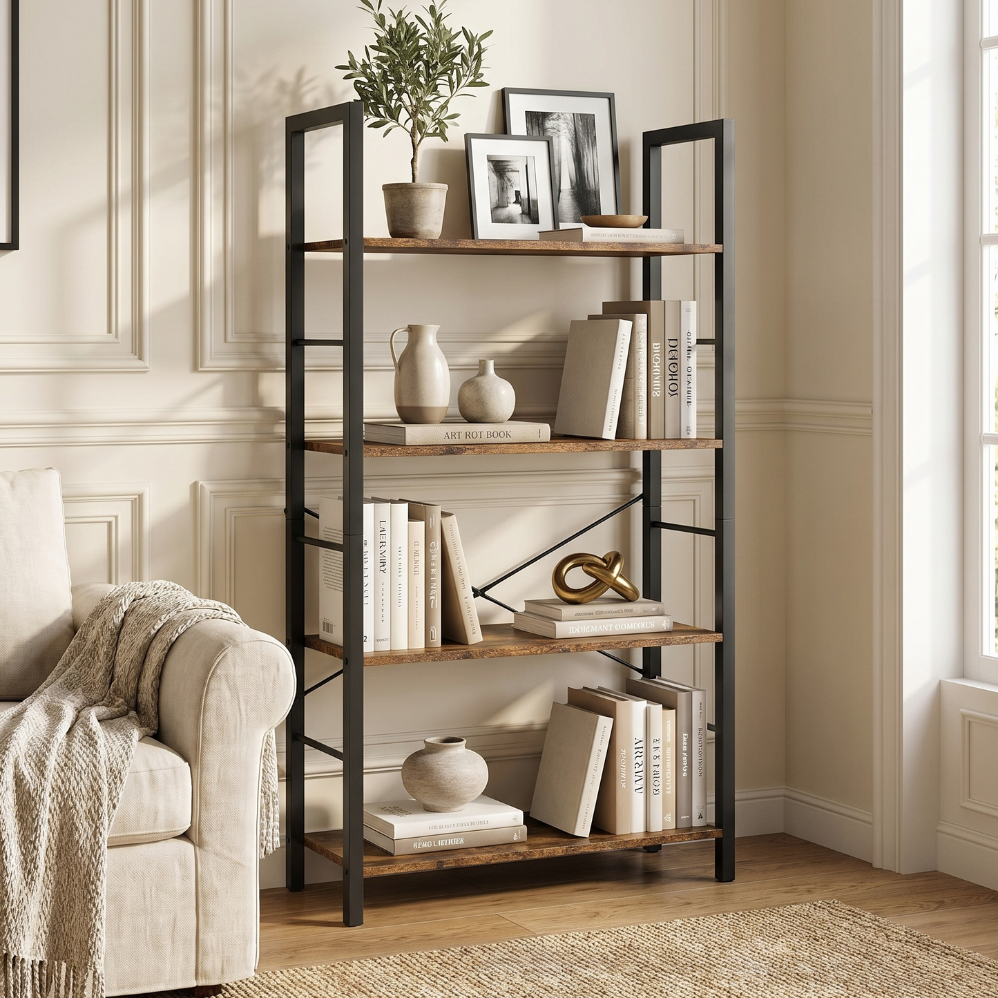 Multifunction Bookcase 4 Tier Rustic Wood & Steel Storage Shelf Organizer