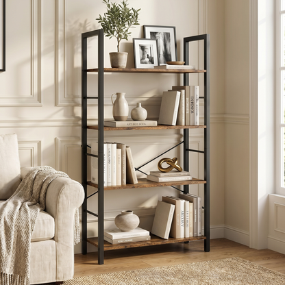 Multifunction Bookcase 4 Tier Rustic Wood & Steel Storage Shelf Organizer