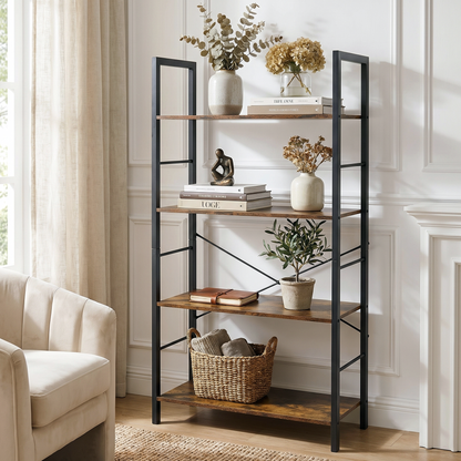 Multifunction Bookcase 4 Tier Rustic Wood & Steel Storage Shelf Organizer
