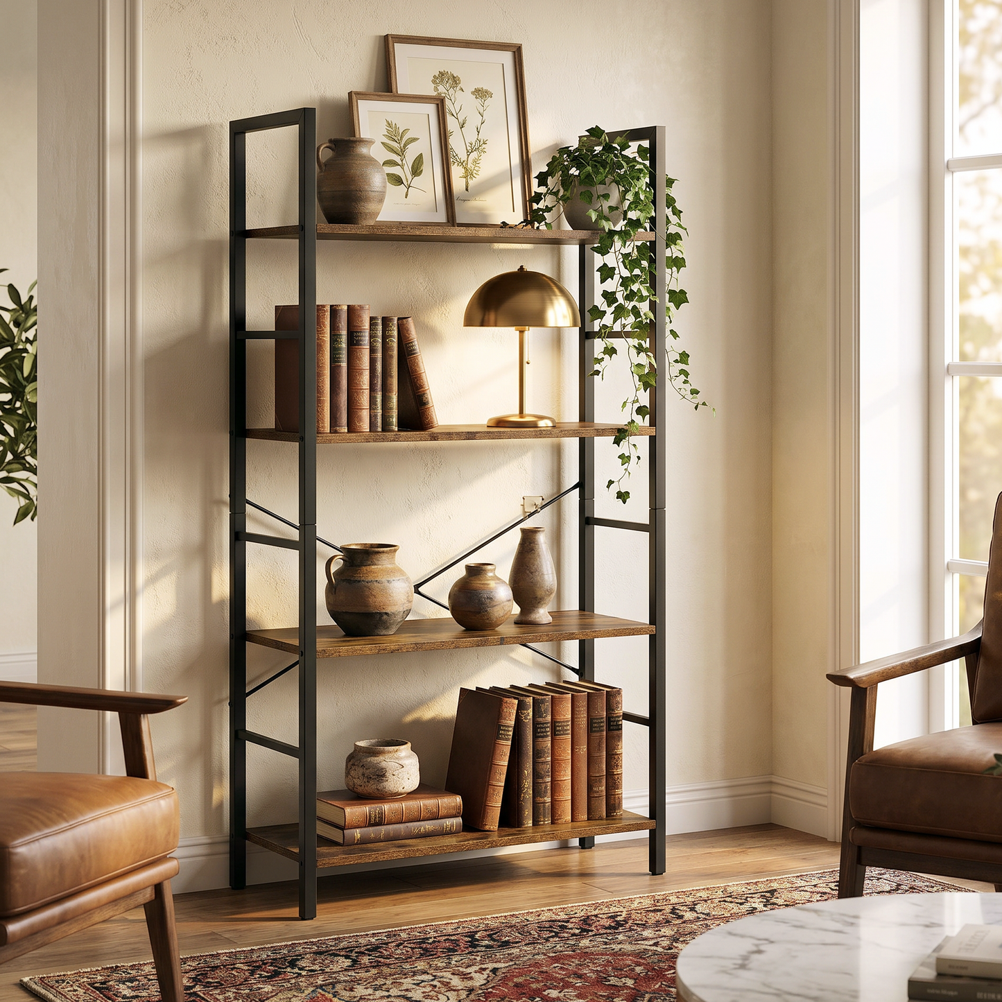 Multifunction Bookcase 4 Tier Rustic Wood & Steel Storage Shelf Organizer