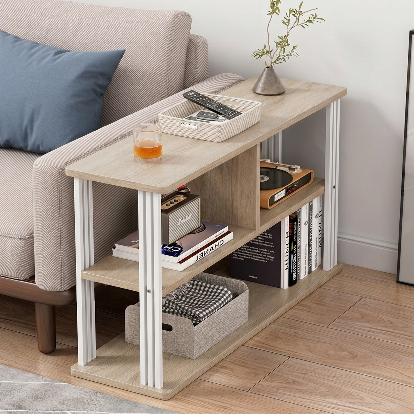 Icon Wood and Steel Sofa Side Table with Shelves (Coastal Oak)