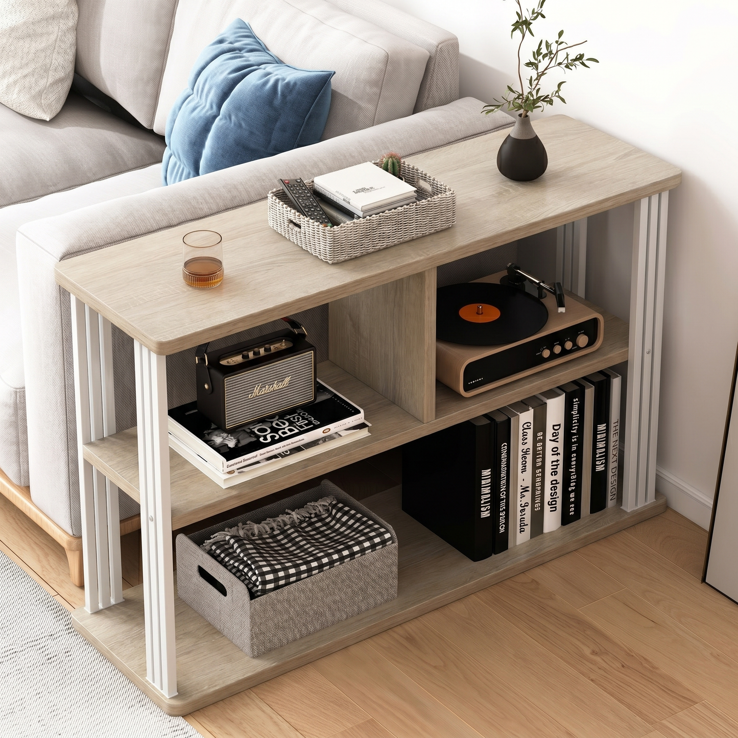 Icon Wood and Steel Sofa Side Table with Shelves (Coastal Oak)