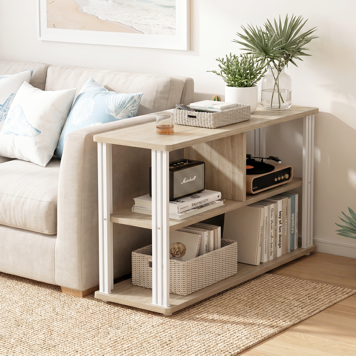 Icon Wood and Steel Sofa Side Table with Shelves (Coastal Oak)