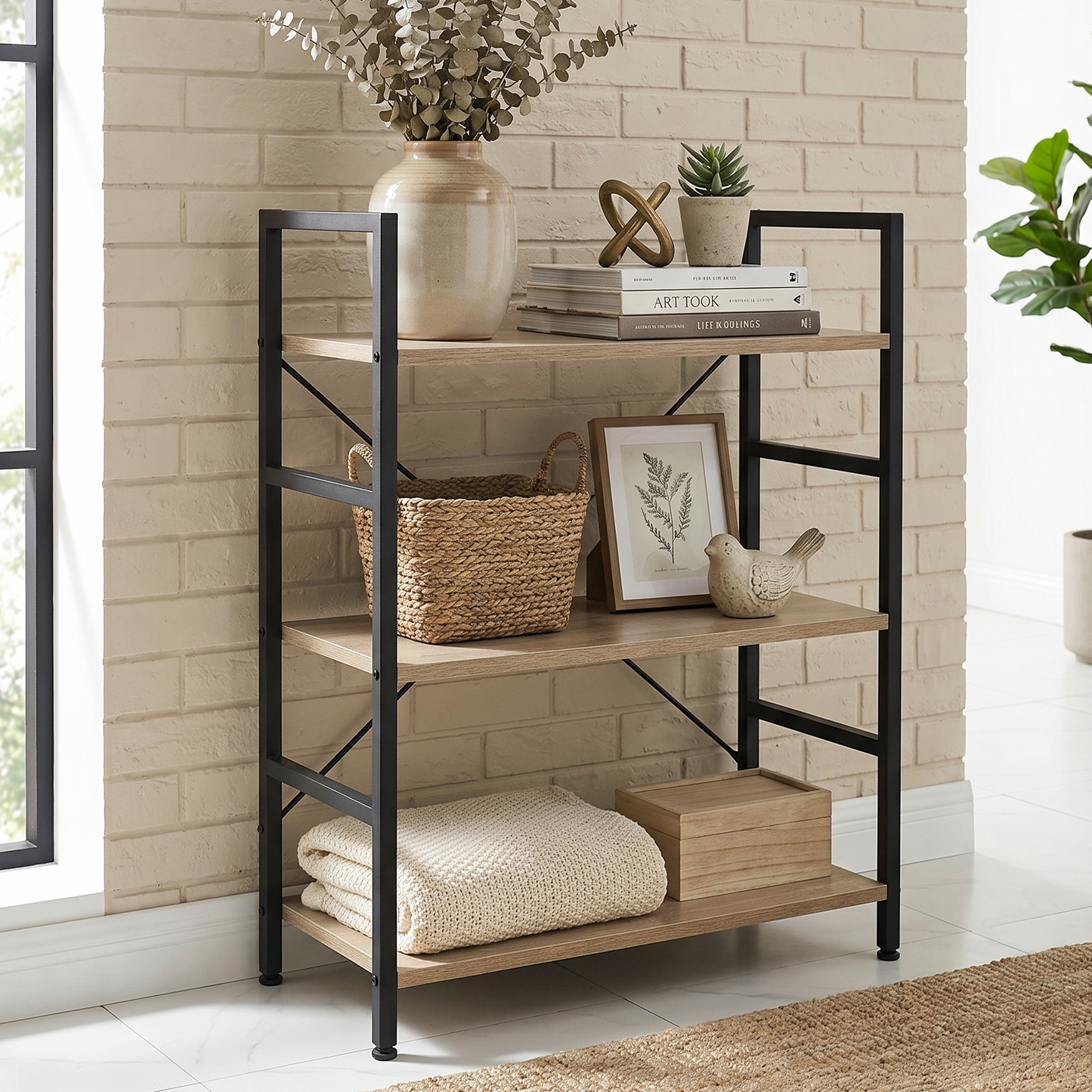 Multifunction Bookcase 3 Tier Wood Steel Storage Shelf Organizer (Coastal Oak)