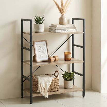 Multifunction Bookcase 3 Tier Wood Steel Storage Shelf Organizer (Coastal Oak)