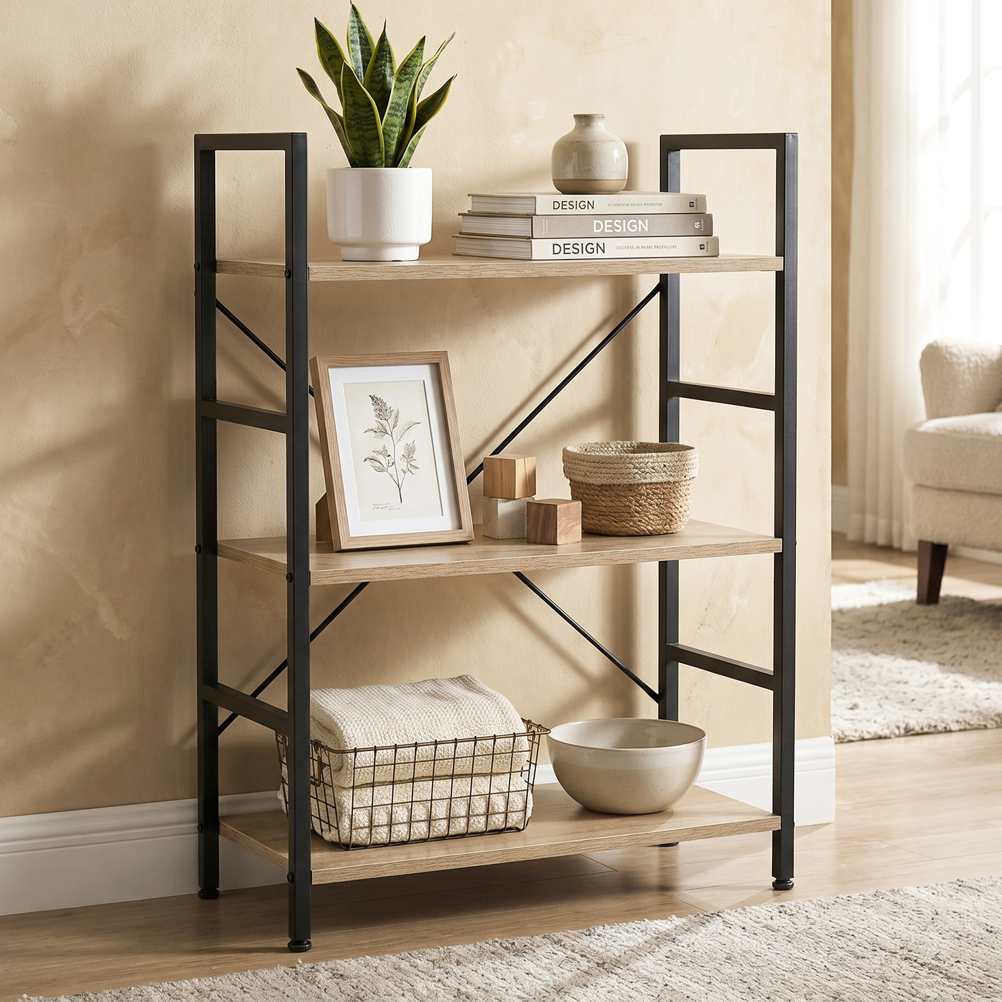 Multifunction Bookcase 3 Tier Wood Steel Storage Shelf Organizer (Coastal Oak)