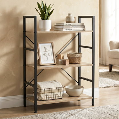 Multifunction Bookcase 3 Tier Wood Steel Storage Shelf Organizer (Coastal Oak)