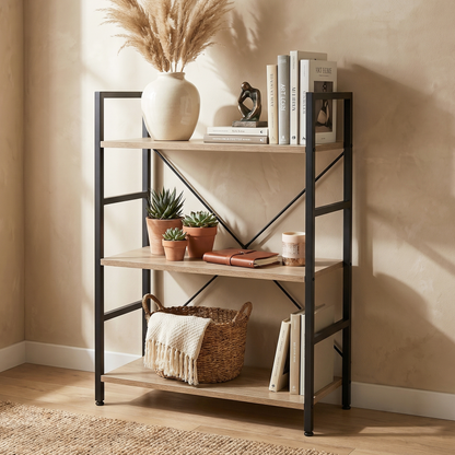 Multifunction Bookcase 3 Tier Wood Steel Storage Shelf Organizer (Coastal Oak)