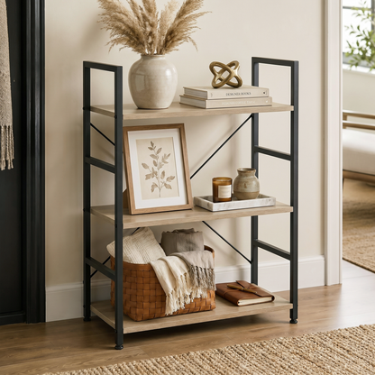 Multifunction Bookcase 3 Tier Wood Steel Storage Shelf Organizer (Coastal Oak)