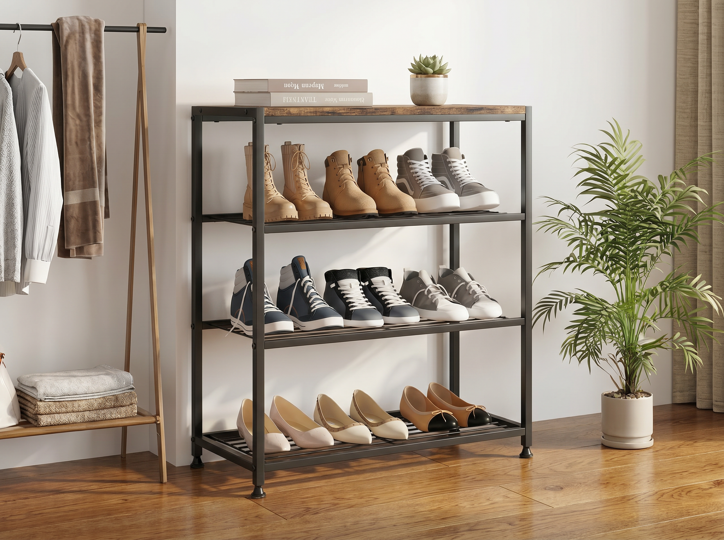 Shoe rack with various shoes on a wooden floor in a room with a plant and clothing.