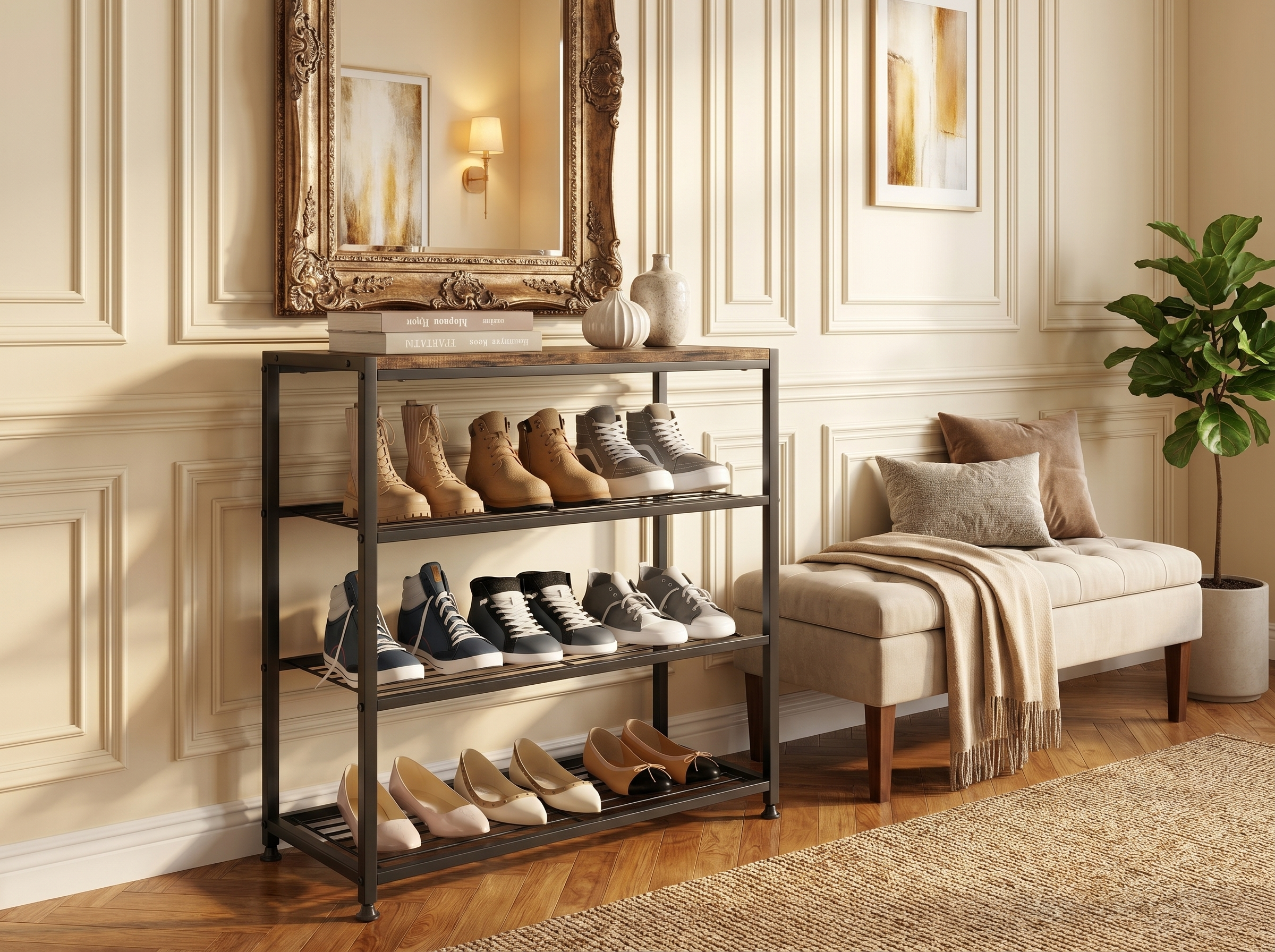 Shoe rack with various shoes in a stylish room with a bench and decorative elements.