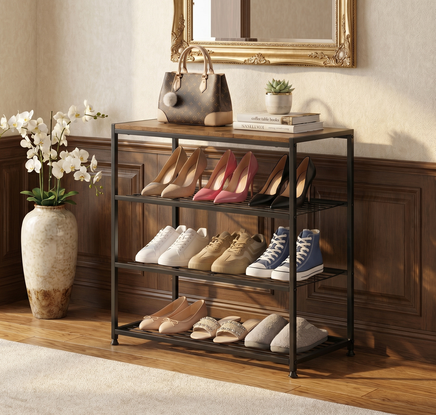 Vita 4-Tier Rustic Wood & Metal Shoe Rack Storage Shelf Organiser
