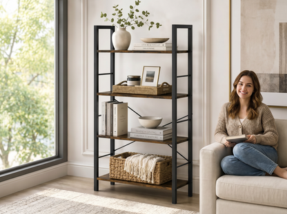 Multifunction Bookcase 4 Tier Rustic Wood & Steel Storage Shelf Organizer
