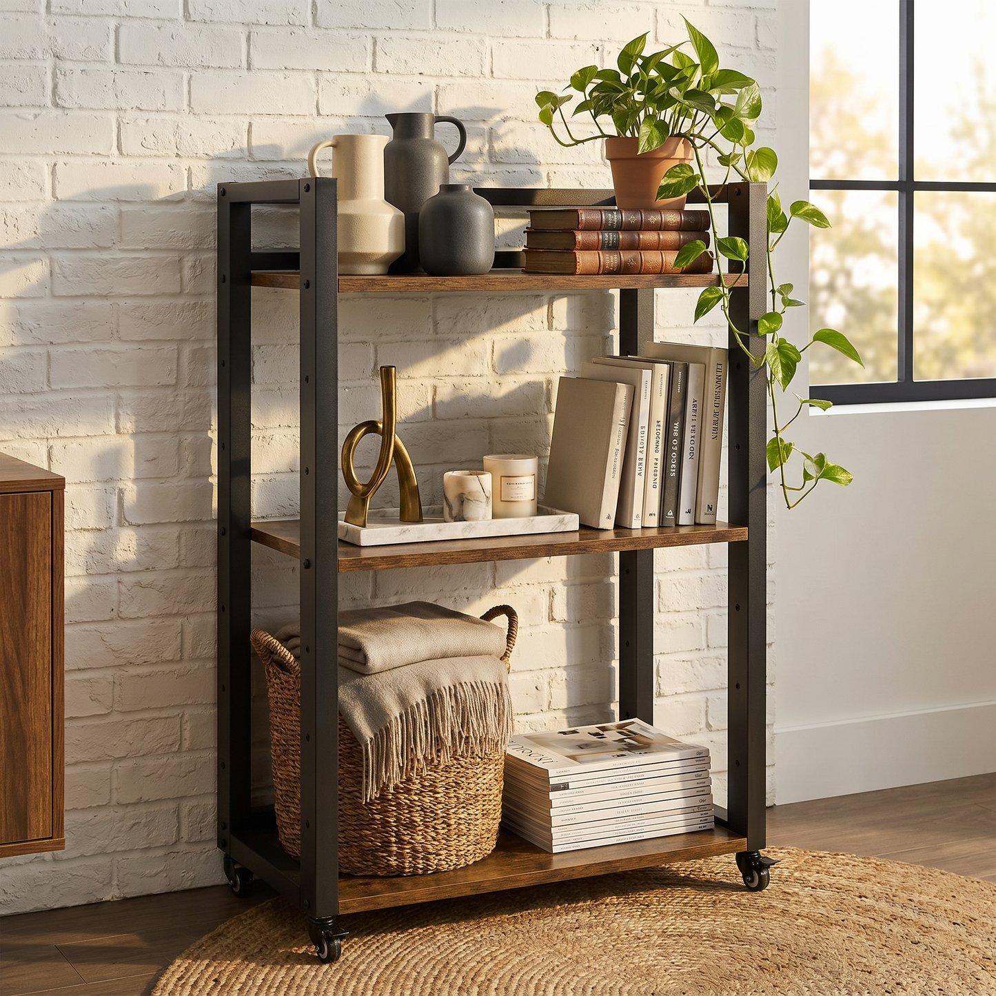 Fortis Rustic Wood and Steel Multipurpose Utility Trolley Storage Shelf Organizer