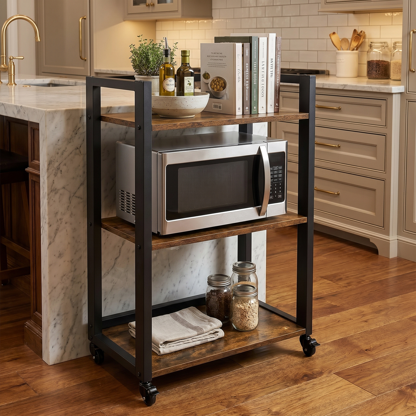 Fortis Rustic Wood and Steel Multipurpose Utility Trolley Storage Shelf Organizer