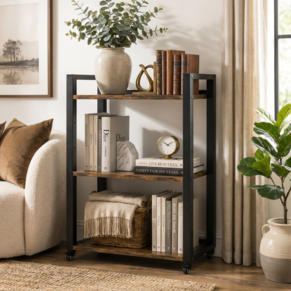 Fortis Rustic Wood and Steel Multipurpose Utility Trolley Storage Shelf Organizer