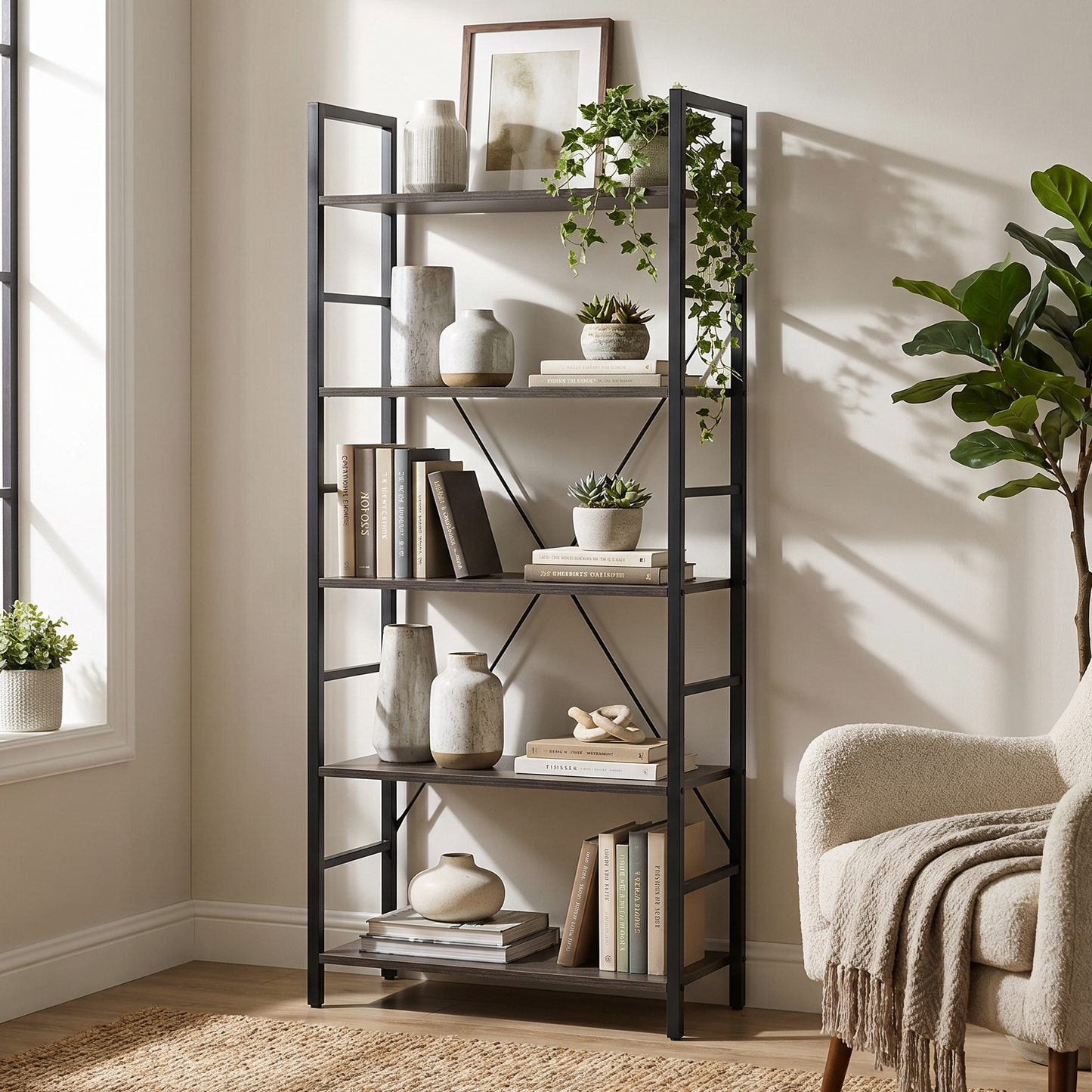 5 Tier Multifunction Heavy Duty Bookcase Wood & Steel Storage Shelf Organizer (Driftwood)
