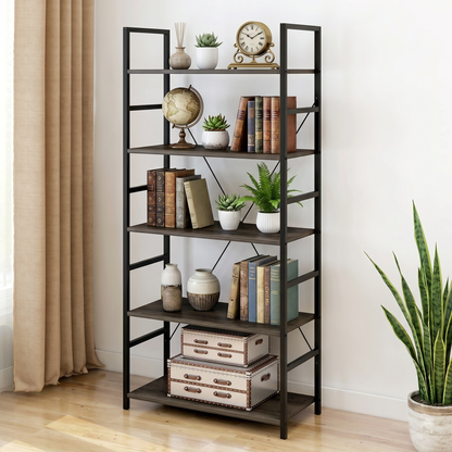 5 Tier Multifunction Heavy Duty Bookcase Wood & Steel Storage Shelf Organizer (Driftwood)