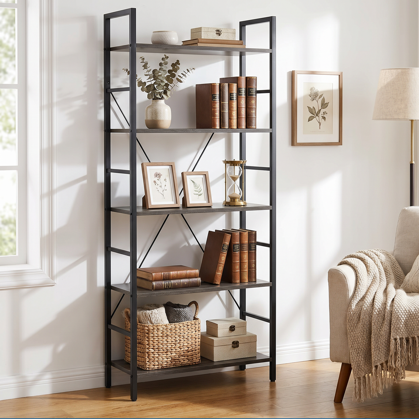 5 Tier Multifunction Heavy Duty Bookcase Wood & Steel Storage Shelf Organizer (Driftwood)