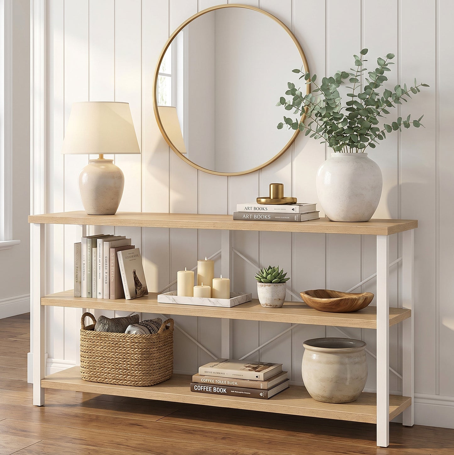 Serenity Industrial Console Table Bookcase TV Stand Storage Shelf Unit (Coastal Oak)