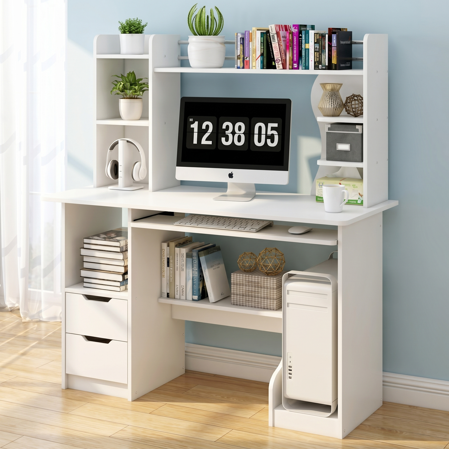 Expert Computer Desk Workstation with Shelf & Cabinet (White)