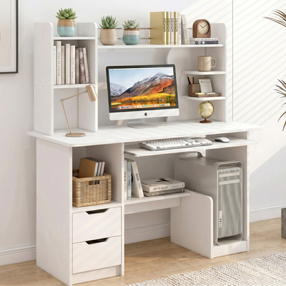 Expert Computer Desk Workstation with Shelf & Cabinet (White)