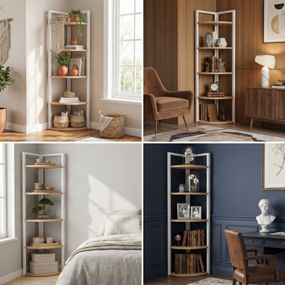 Optima 5 Tier Wood & Steel Corner Shelf Organizer Unit (Rustic Oak & White)