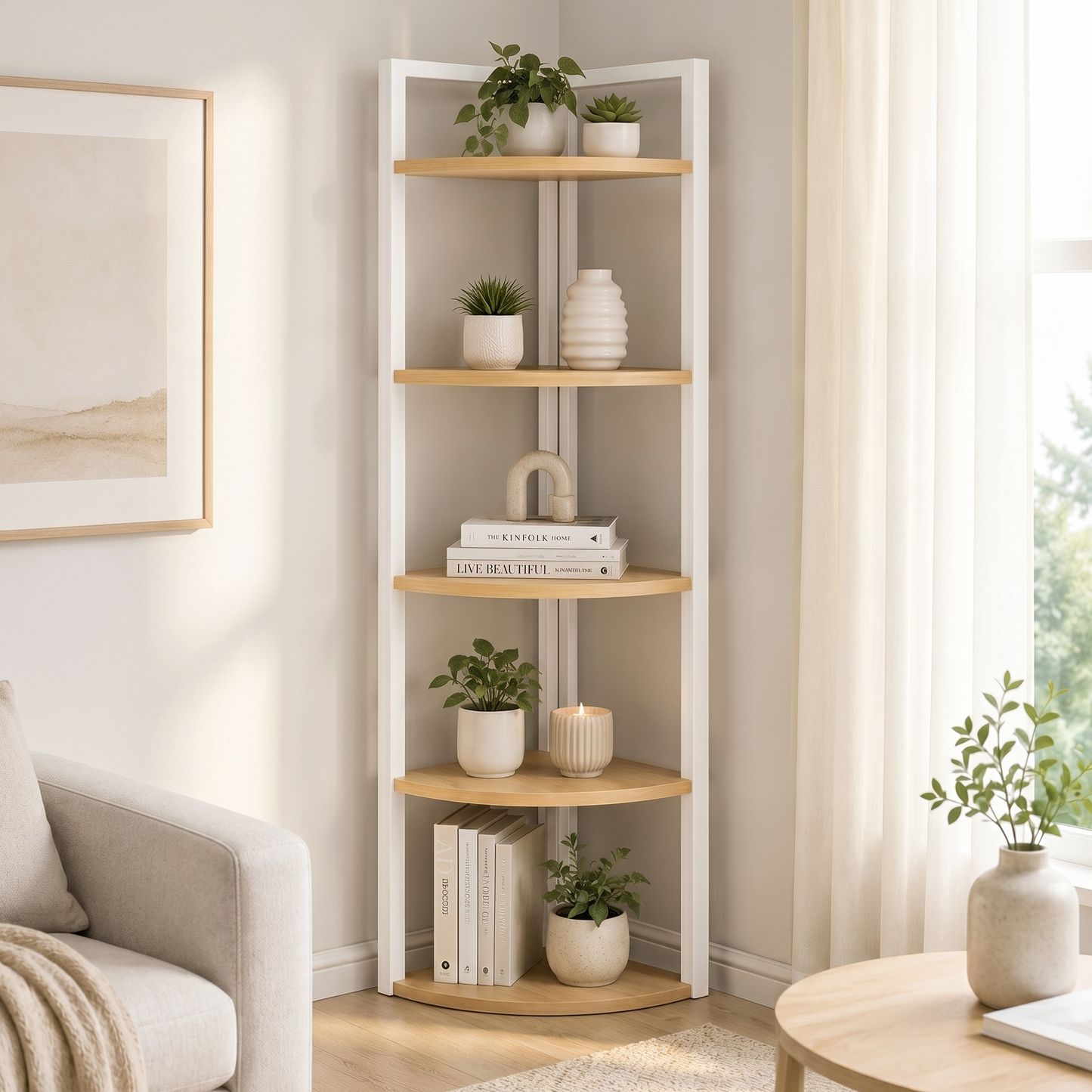 Optima 5 Tier Wood & Steel Corner Shelf Organizer Unit (Rustic Oak & White)