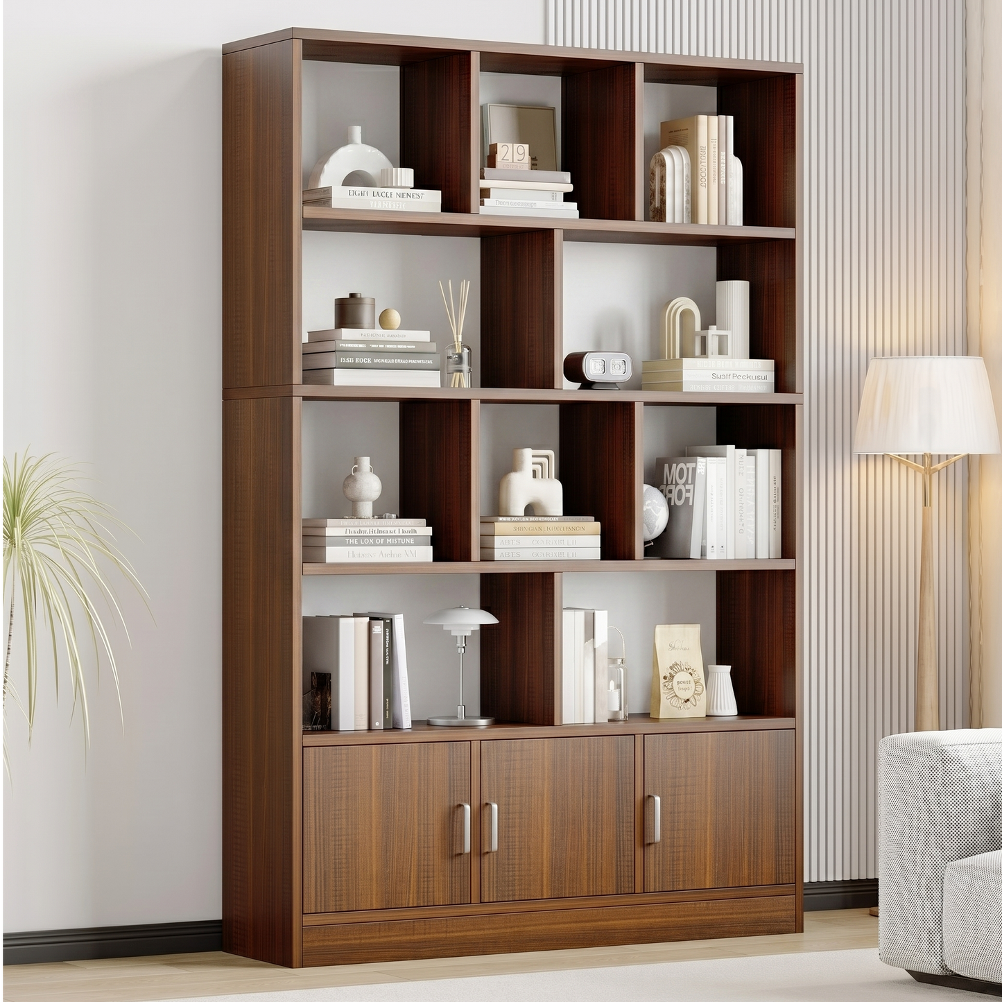 Alpha 10-Shelf 3-Door Wardrobe Cupboard Bookshelf Cabinet (Walnut)