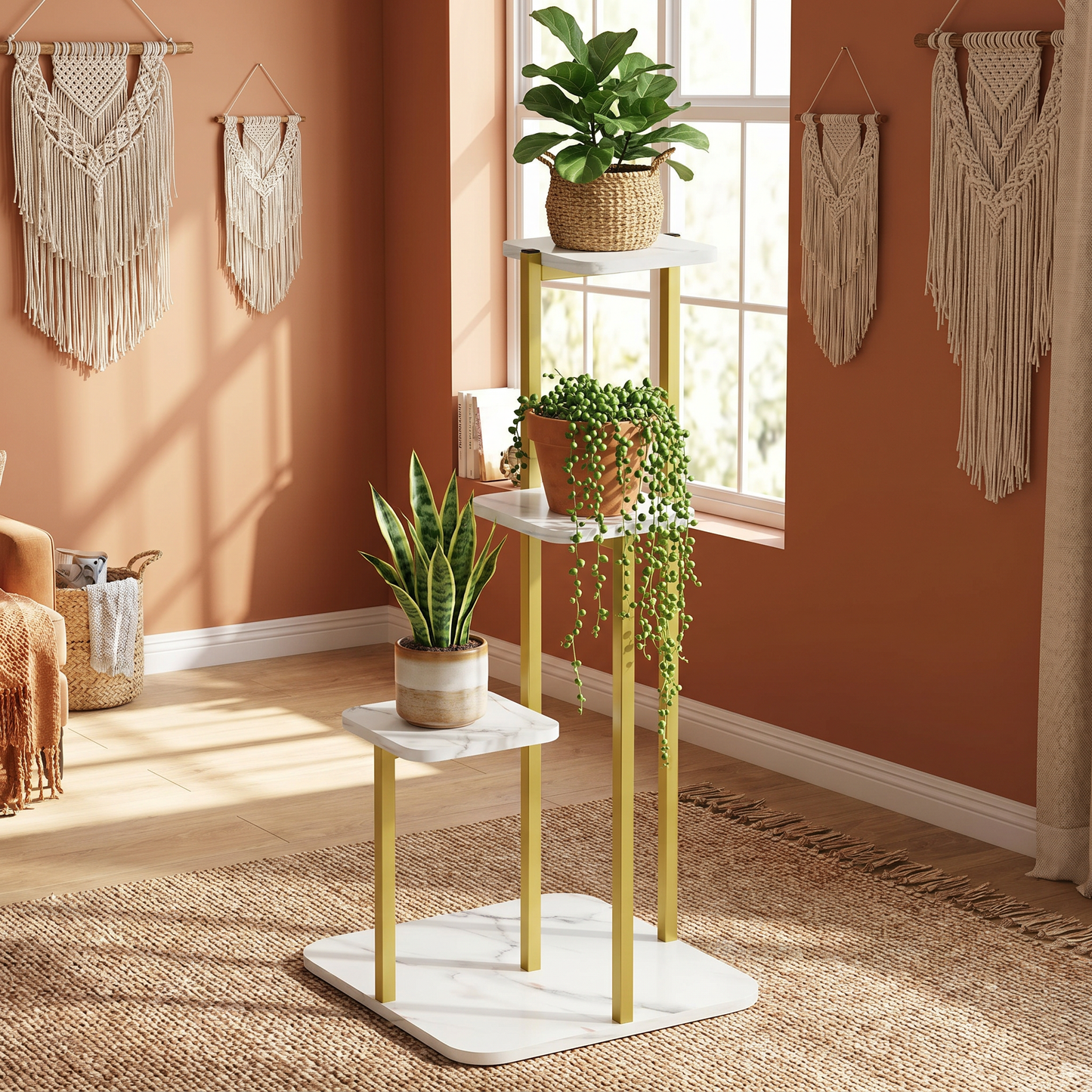 Multi-Tiered Synergy Marble Look Garden Plants Stand Planter Shelf (White)