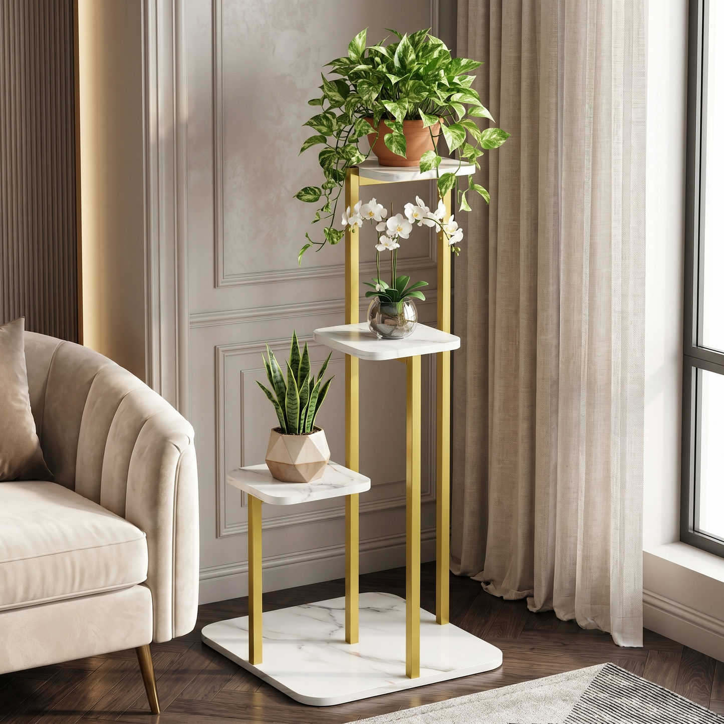 Multi-Tiered Synergy Marble Look Garden Plants Stand Planter Shelf (White)