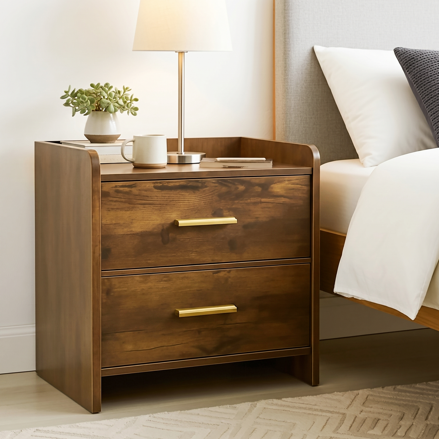 Serene 2-Drawer Bedside Table Nightstand (Rustic Wood)