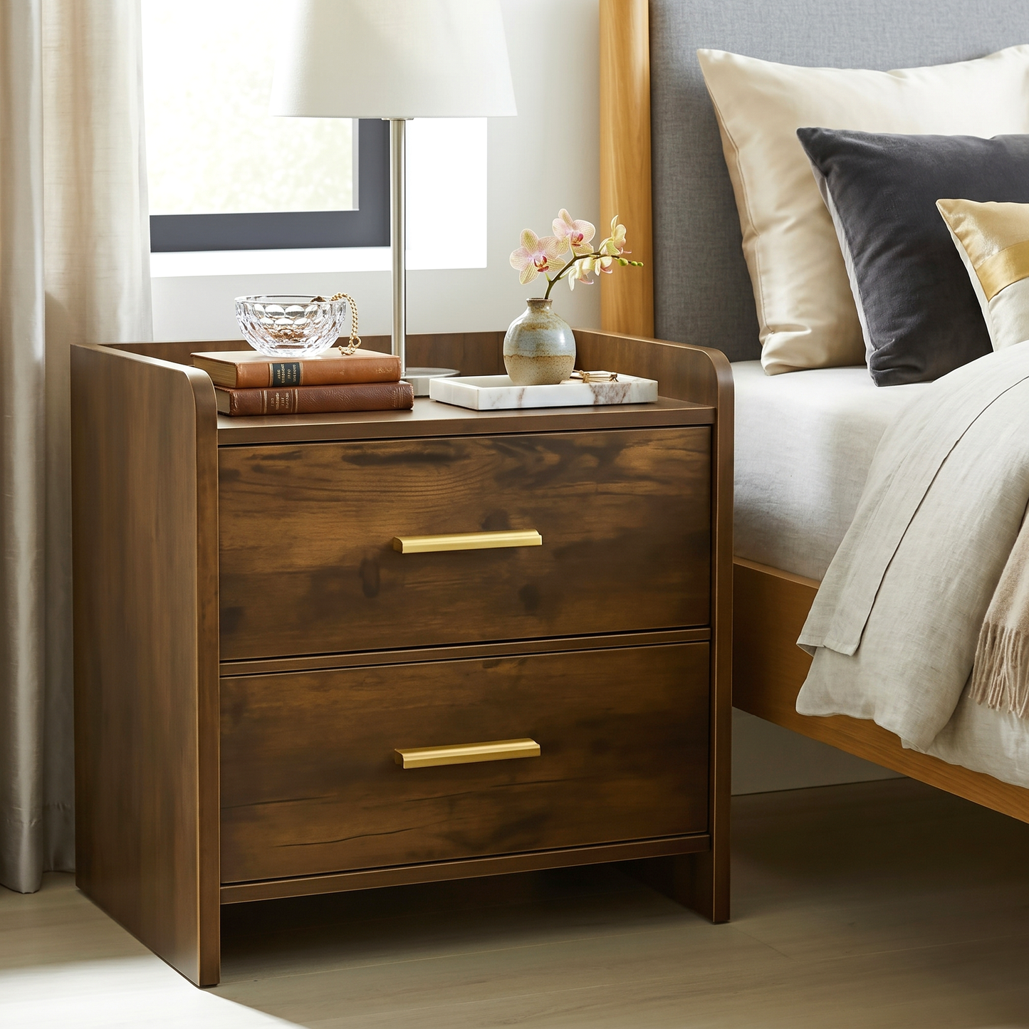Serene 2-Drawer Bedside Table Nightstand (Rustic Wood)
