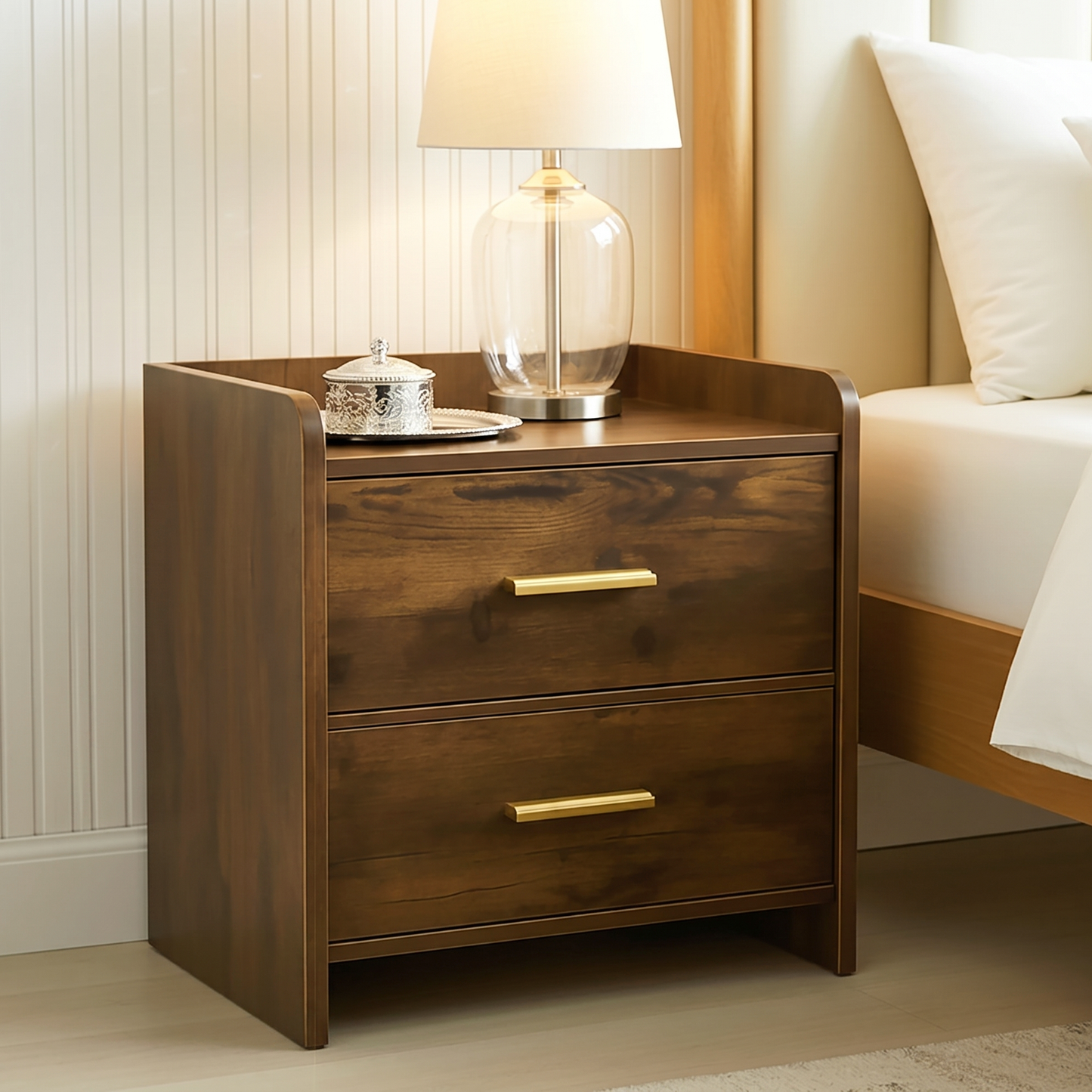 Serene 2-Drawer Bedside Table Nightstand (Rustic Wood)