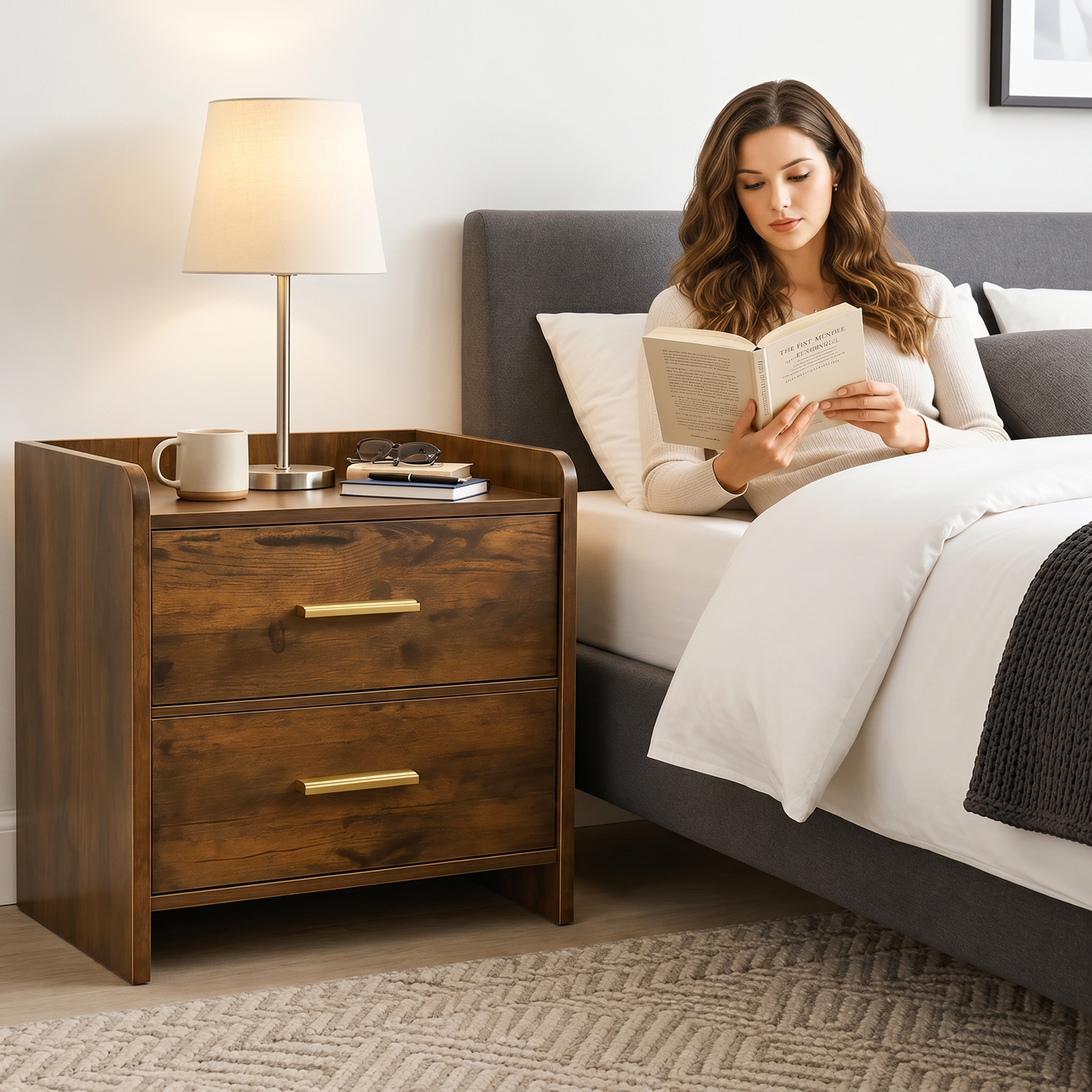 Serene 2-Drawer Bedside Table Nightstand (Rustic Wood)