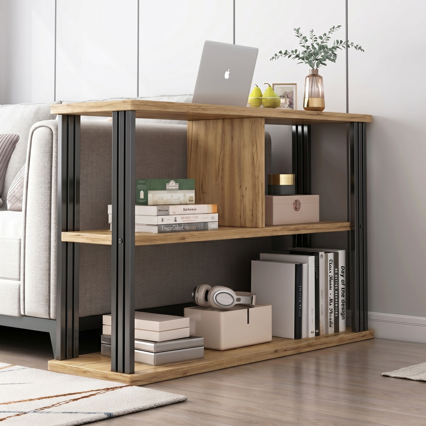 Icon Wood and Steel Sofa Side Table with Shelves (Oak)