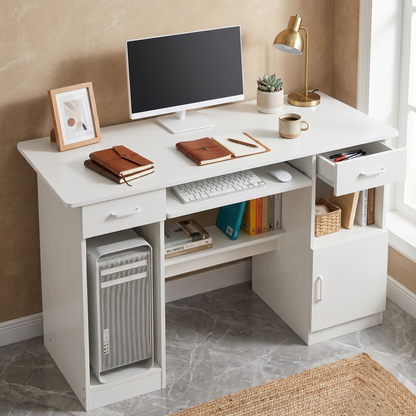 Executive Office Computer Desk with Drawers, Cabinet, Shelves (White)