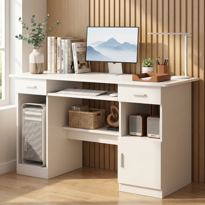 Executive Office Computer Desk with Drawers, Cabinet, Shelves (White)