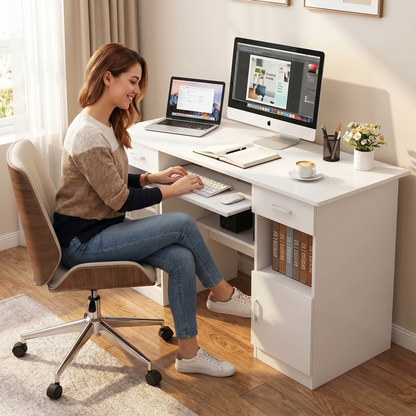 Executive Office Computer Desk with Drawers, Cabinet, Shelves (White)