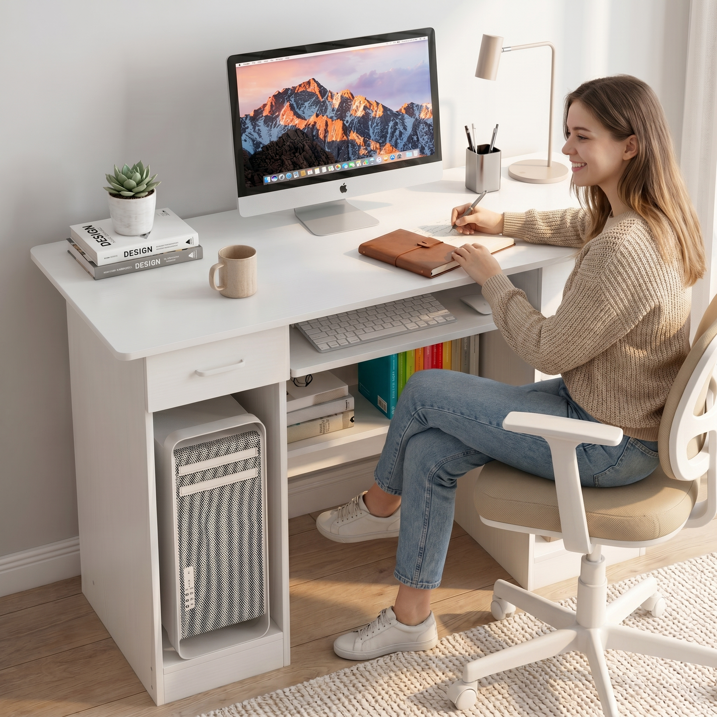 Executive Office Computer Desk with Drawers, Cabinet, Shelves (White)