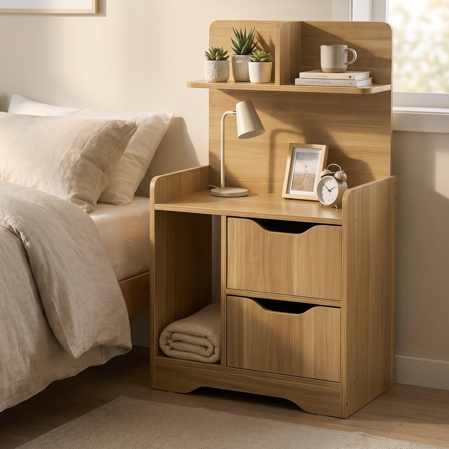 Harmony Tall Bed Side Table with Chest of Drawers and Shelf (Oak)