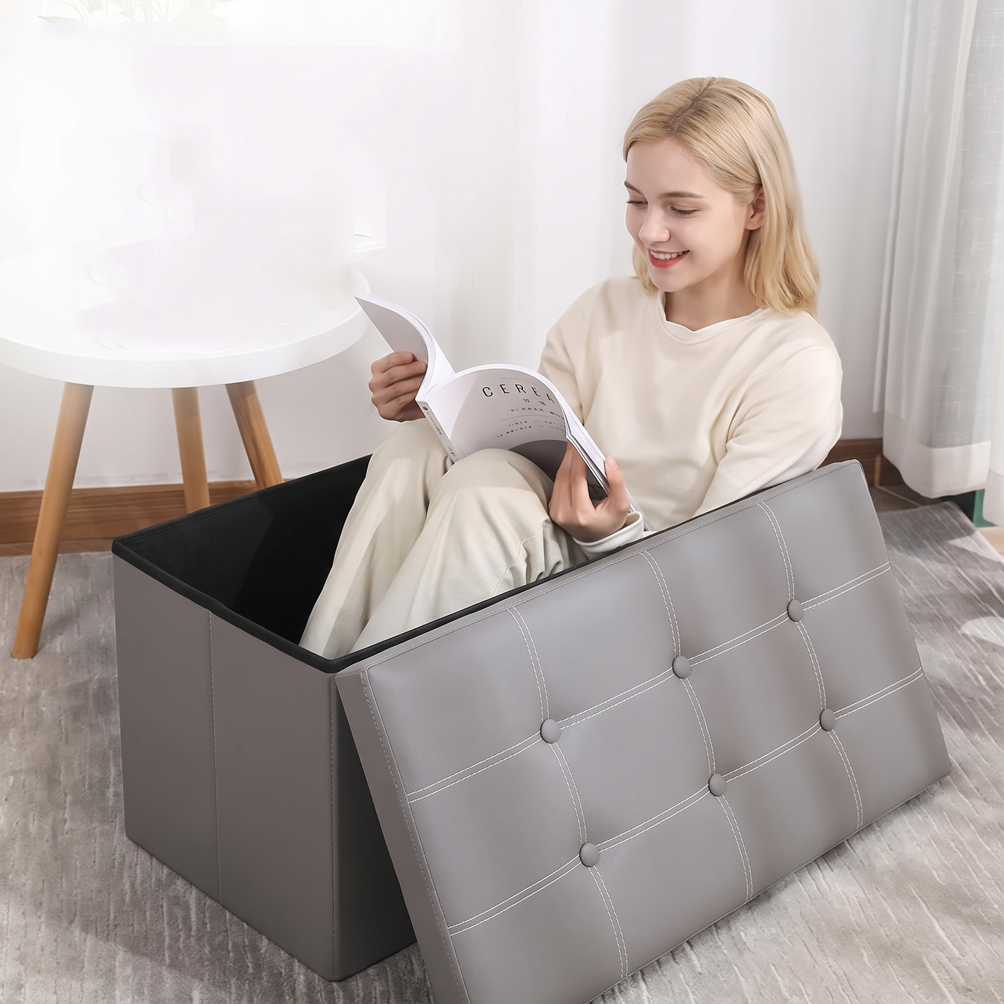 XL Rectangle PU Leather Ottoman Foldable Storage Stool (Grey)