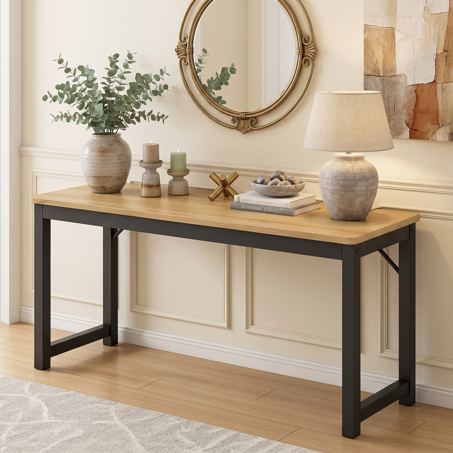 Profile Console Table Wood & Metal Narrow Desk (Oak & Black)