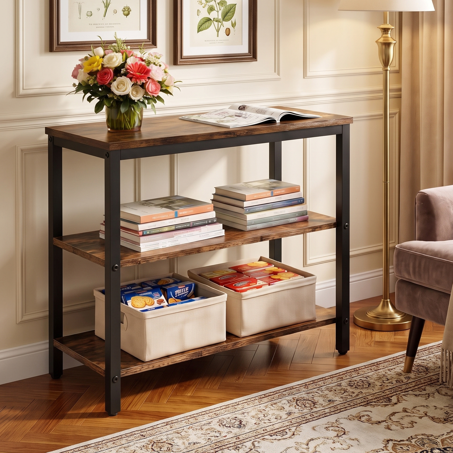 Rustic Industrial 3 Tier Storage Shelf Console Side End Table