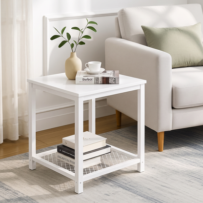 Loft White Industrial Wood & Steel Side Table with Storage Shelf