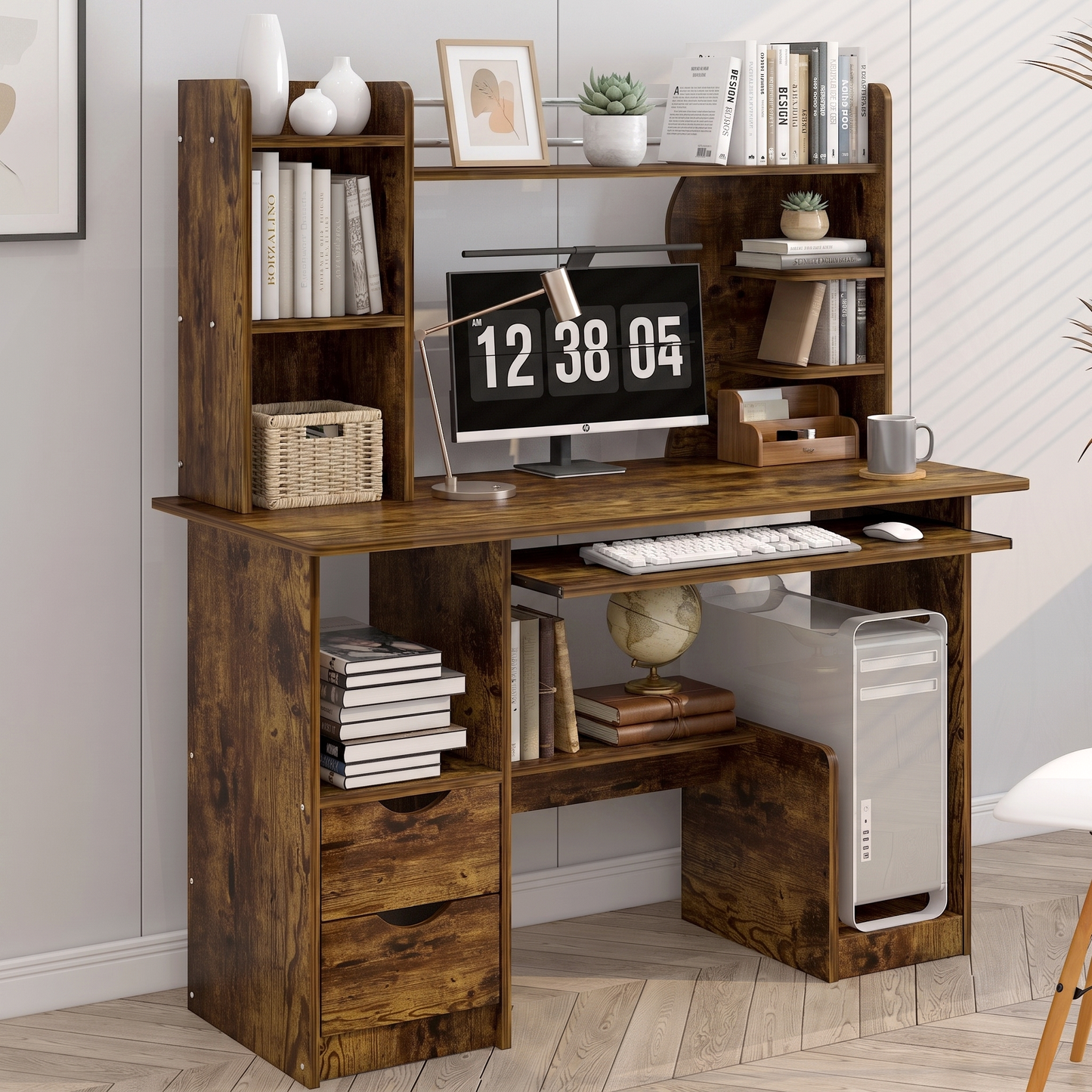 Expert Computer Desk Workstation with Shelf & Cabinet (Rustic Wood)